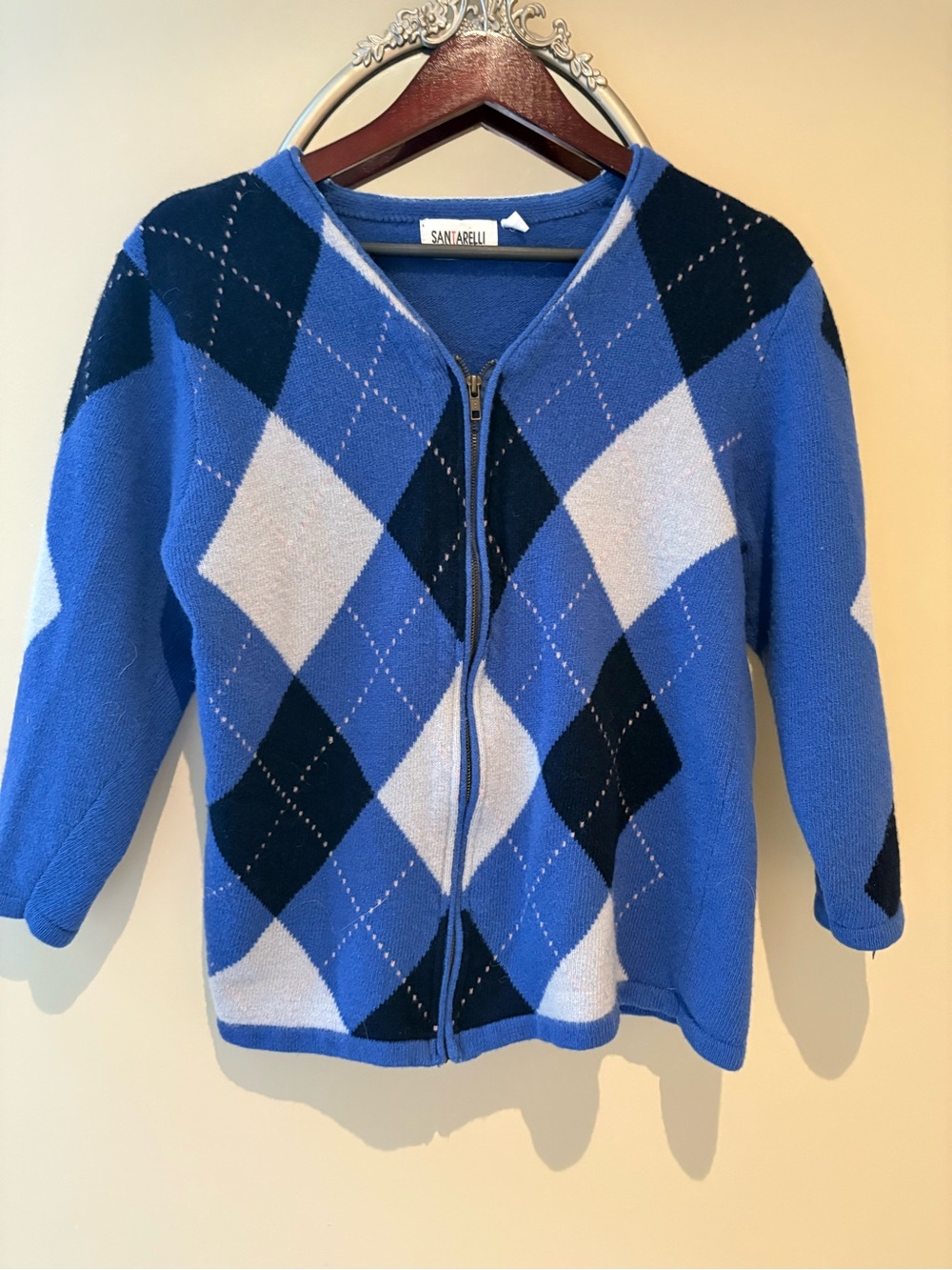 Santarelli Royal Blue Argyle Zip-Front Women's Sweater Cardigan